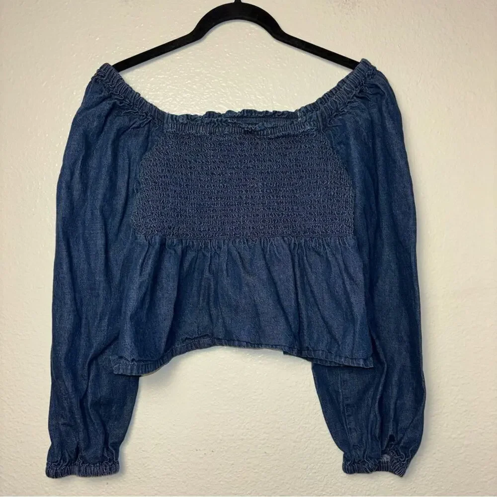 J. Crew Chambray Smocked Puffed-Sleeve Top Birch Wash (off shoulder) woman's Med
